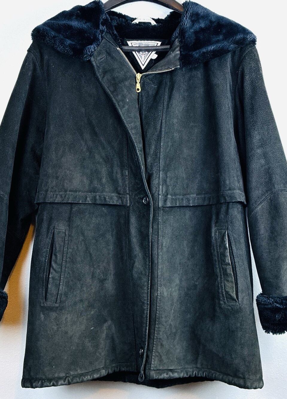 Vtg Marvin Richards Sz L Blk Suede faux fur lined LS Full Zip Buttons Ins Tie